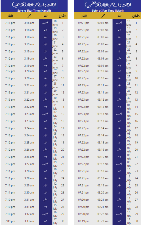 Ramada 2015 Lahore Timetable